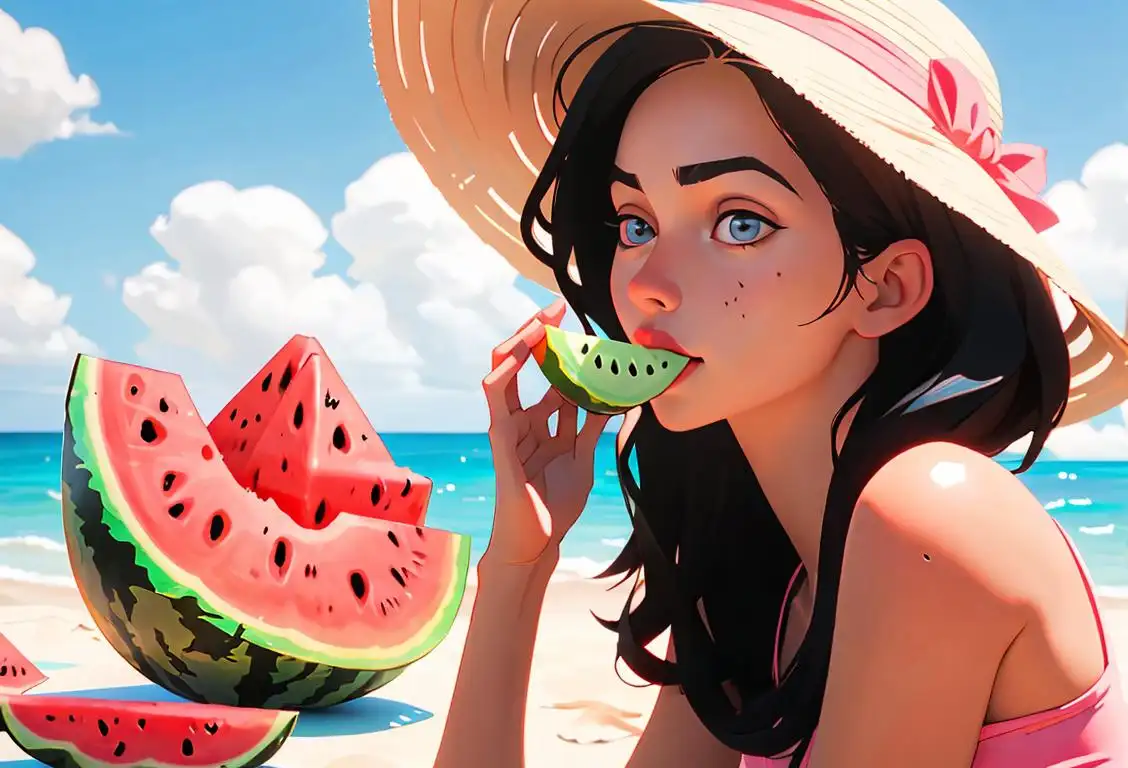 Young woman enjoying a slice of watermelon, wearing a sun hat, summery outfit, beach setting..