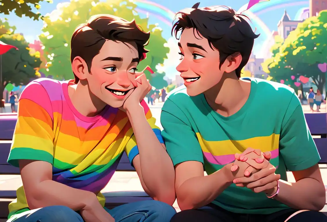 Two young friends smiling and holding hands, wearing matching colorful shirts, sitting on a park bench with a rainbow flag in the background..