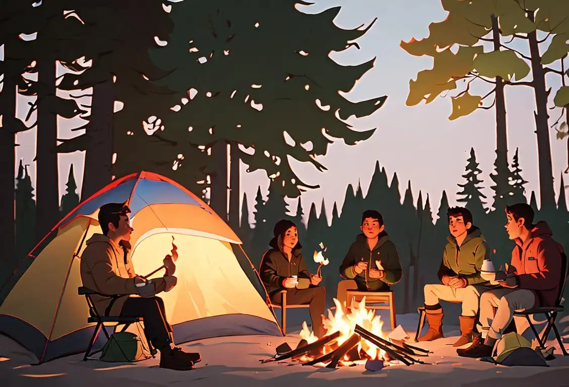 A group of diverse campers roasting marshmallows over a bonfire, surrounded by tents and woodland scenery, wearing outdoor adventure clothing..