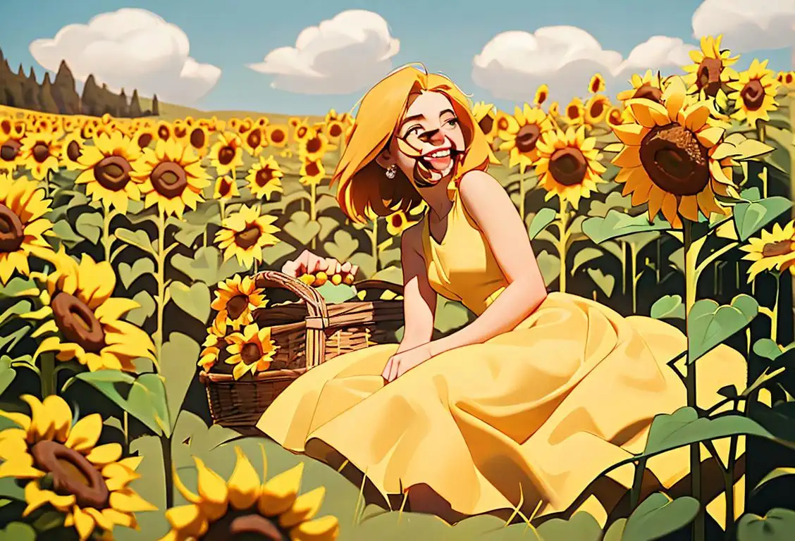 A joyful woman named Hayley, wearing a sunflower dress, sitting in a meadow surrounded by bales of hay and a picnic basket..