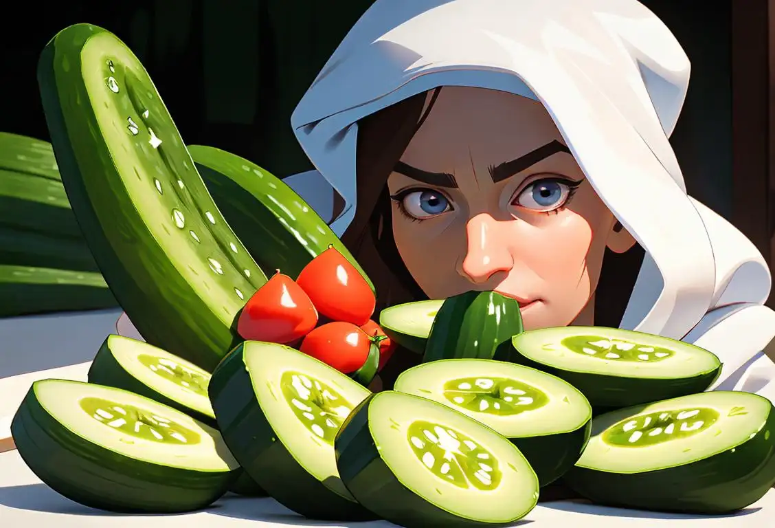 A person holding a cucumber slice on each eye, wearing a fluffy bathrobe, spa-like setting, surrounded by fresh vegetables..
