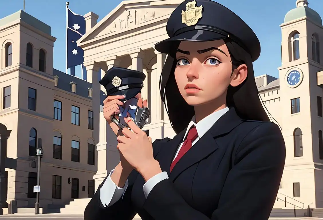 Young woman wearing a police hat, holding handcuffs, in front of a courthouse, justice-themed backdrop..