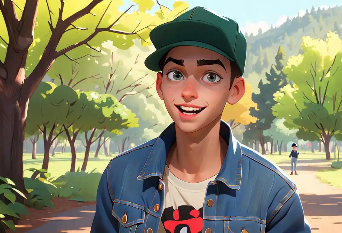 A joyful young person named Parker, wearing a trendy baseball cap and denim jacket, surrounded by lush nature in a national park..