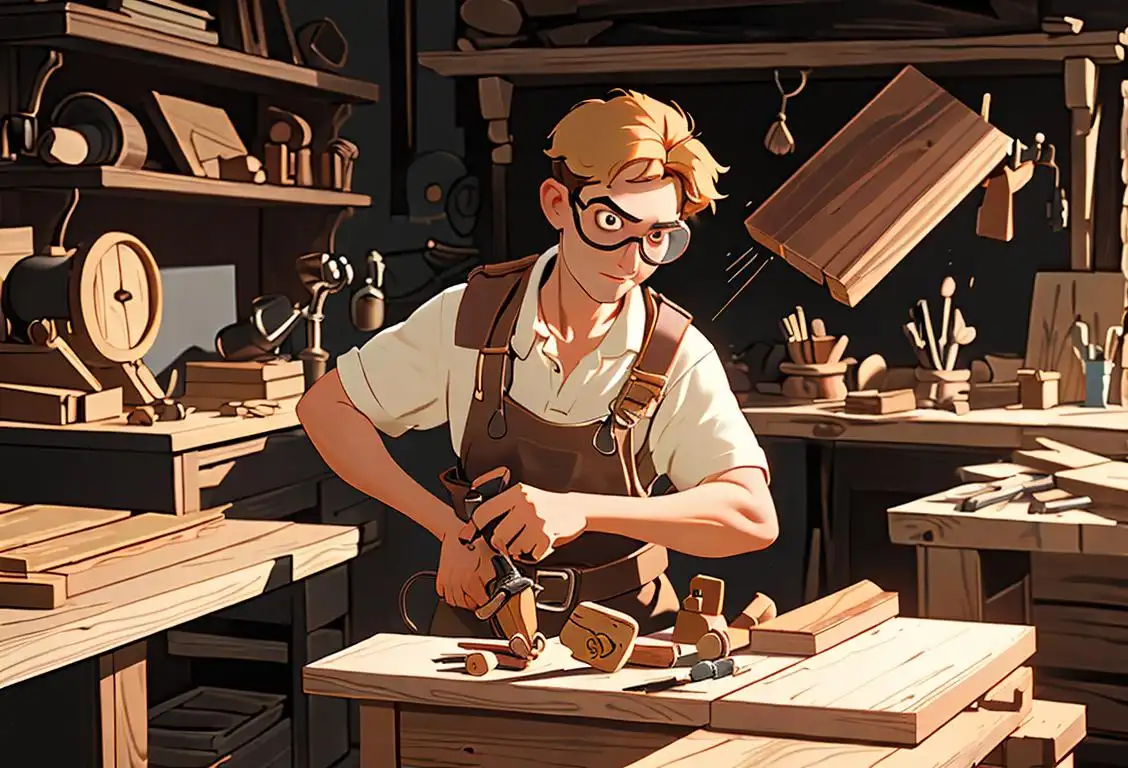 Person wearing safety goggles and a toolbelt, confidently working on a woodworking project in a well-lit workshop..