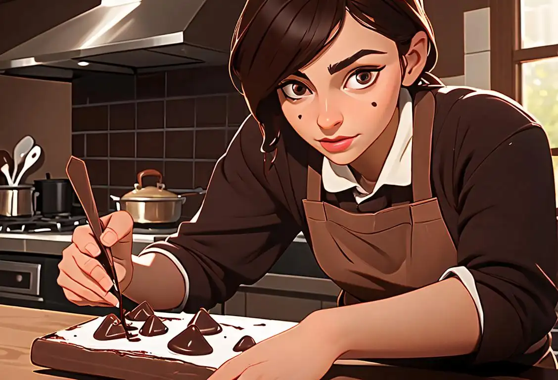 Person holding a dark chocolate bar, wearing a chef apron, in a cozy kitchen with elegant chocolate decorations..