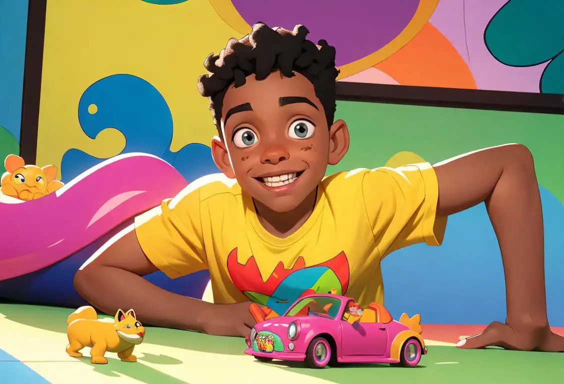 Young boy smiling and playing with Jabari-themed toys, wearing a colorful t-shirt, vibrant playroom setting..