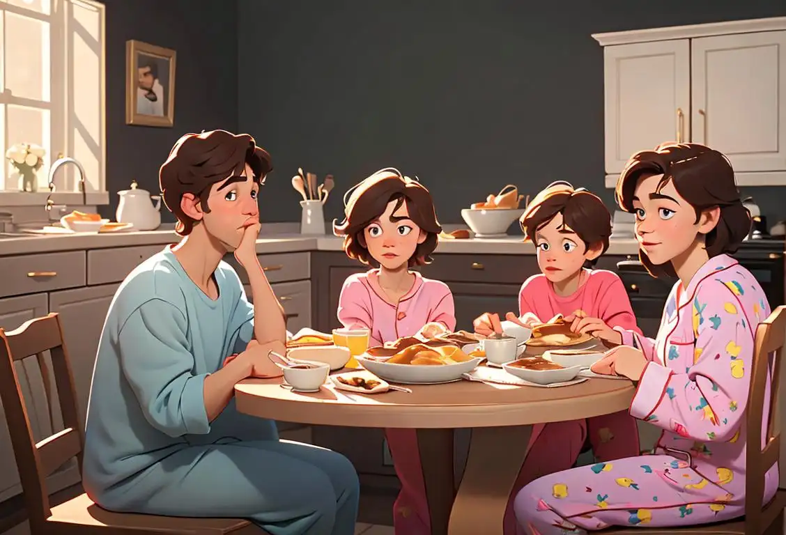 A family sitting around the breakfast table, enjoying a delicious meal together, wearing comfy pajamas, with a backdrop of a cozy kitchen..