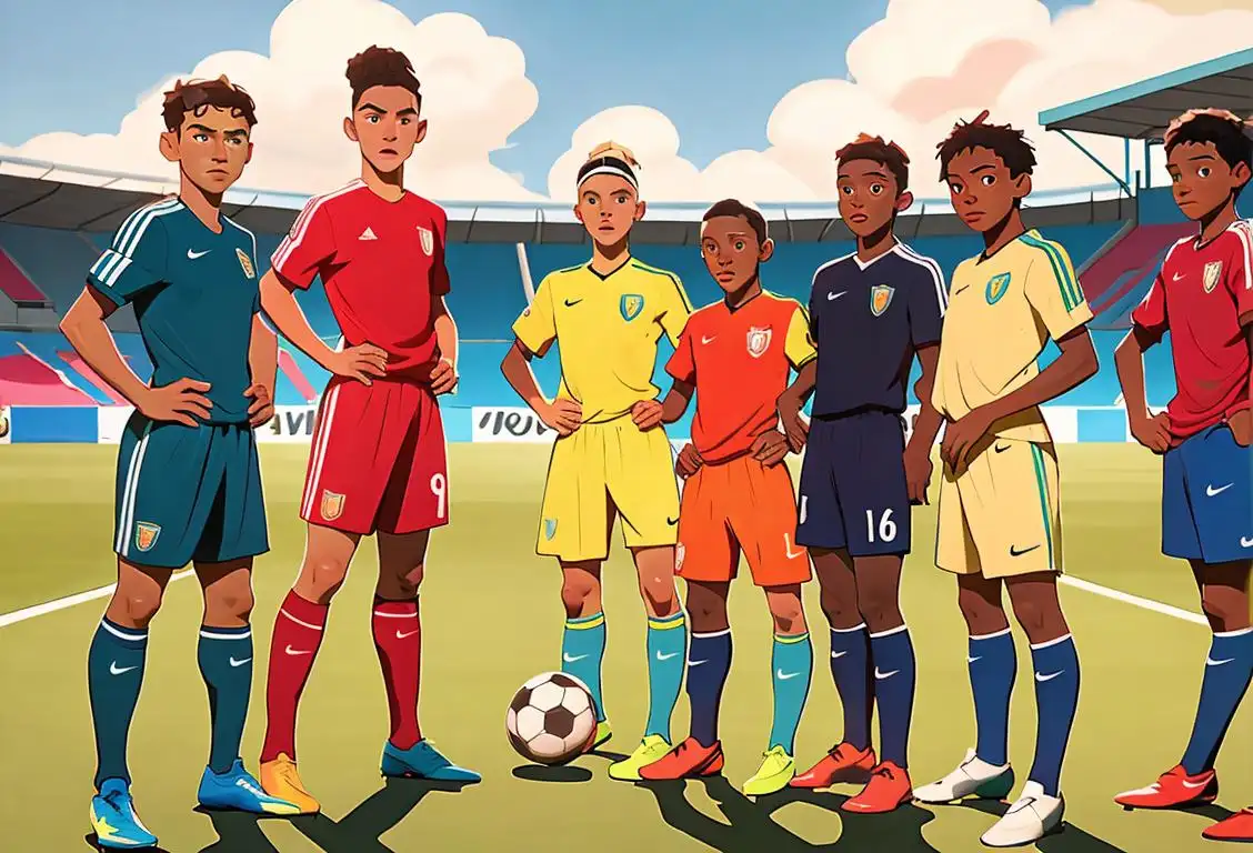 A diverse group of soccer players in colorful team jerseys, showing their competitive spirit and love for the game, set against a vibrant stadium backdrop..
