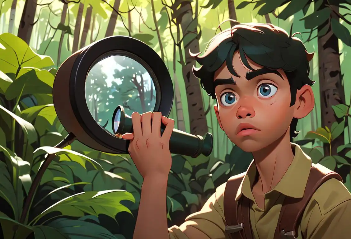 A young boy named Diego, wearing a explorer outfit, exploring the wilderness with a magnifying glass and binoculars, forest setting..