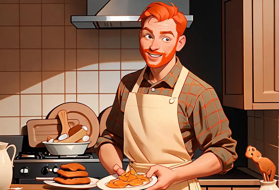 Ginger-haired chef enthusiastically holding a plate of gingerbread cookies, wearing a checkered apron, surrounded by a cozy kitchen filled with warm spices..