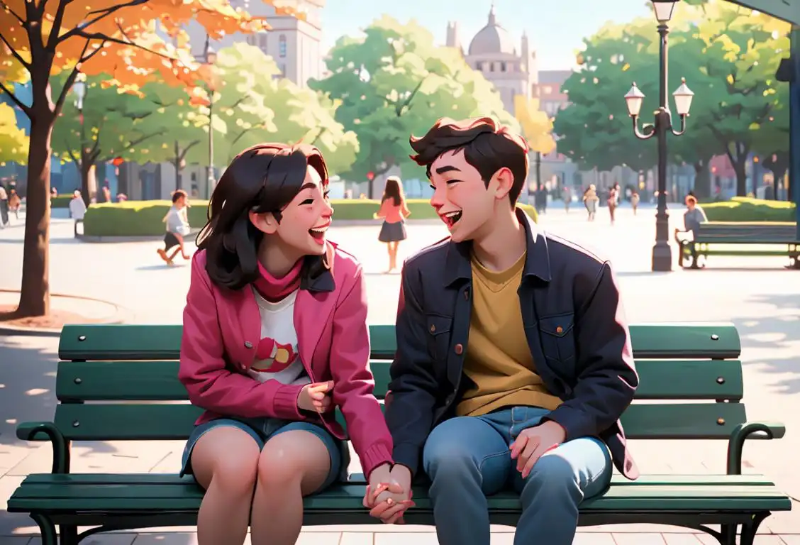 Two friends laughing and having fun, sitting on a park bench, surrounded by couples holding hands, wearing casual outfits and enjoying the National Third Wheel Day..