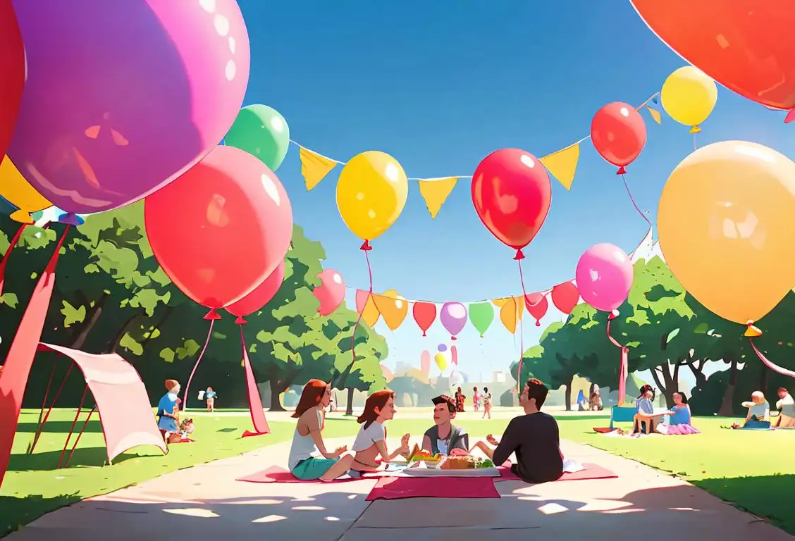 A group of friends named Brandon having a picnic in a park, wearing casual clothes, surrounded by colorful balloons and banners celebrating National Brandon Day..