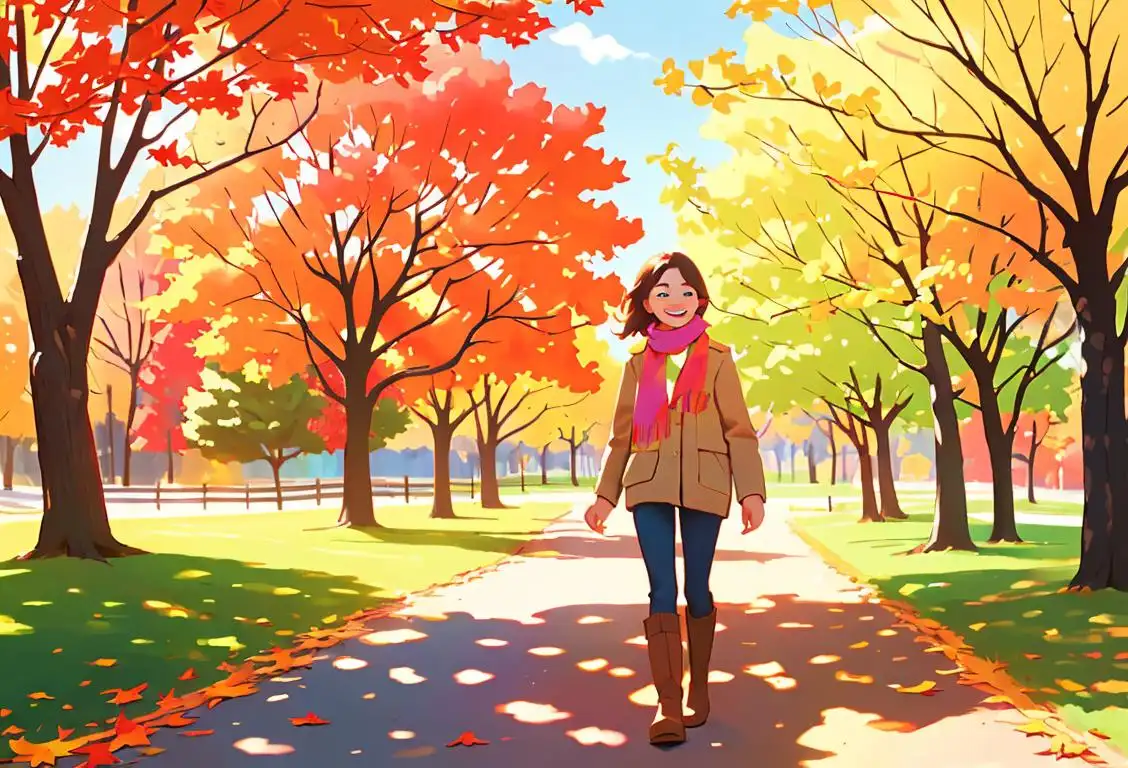 Brighten up your day! Young person enjoying a sunny walk in colorful autumn foliage, wearing a cozy scarf and boots..