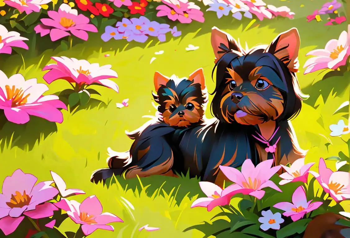Adorable Yorkshire Terrier with a bow in its hair, sitting on a cozy plaid blanket, surrounded by colorful flowers..