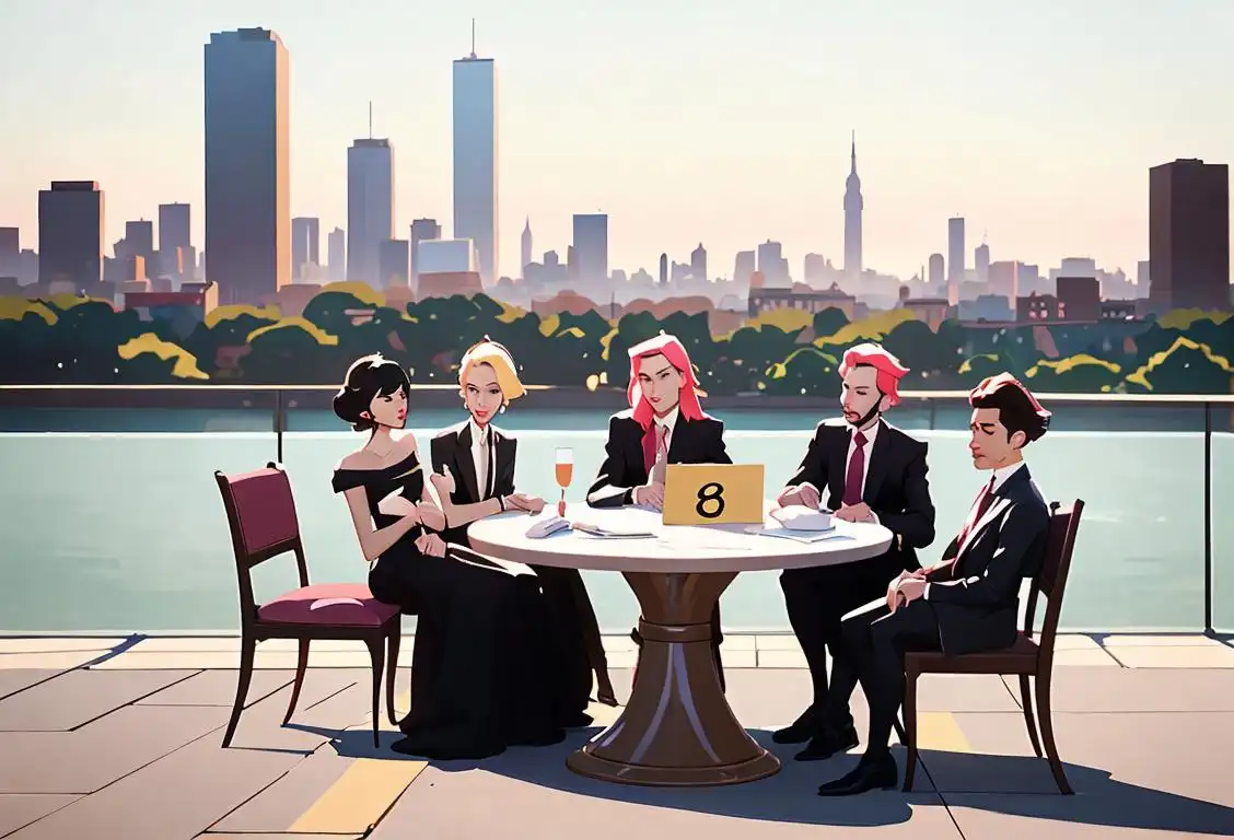 A diverse group of people in fashionable attire sitting around a table, holding signs with different pronouns, with a city skyline in the background..