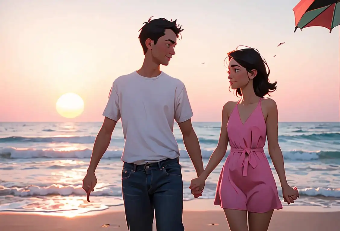 A loving couple holding hands on a beach at sunset, both wearing casual summer outfits, enjoying a romantic date..