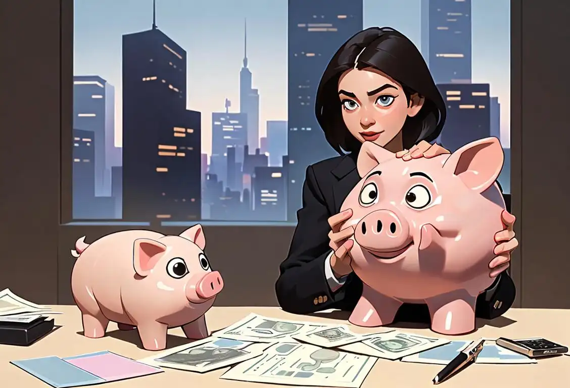 Young person holding a piggy bank, wearing a business suit, surrounded by skyscrapers and calculators..