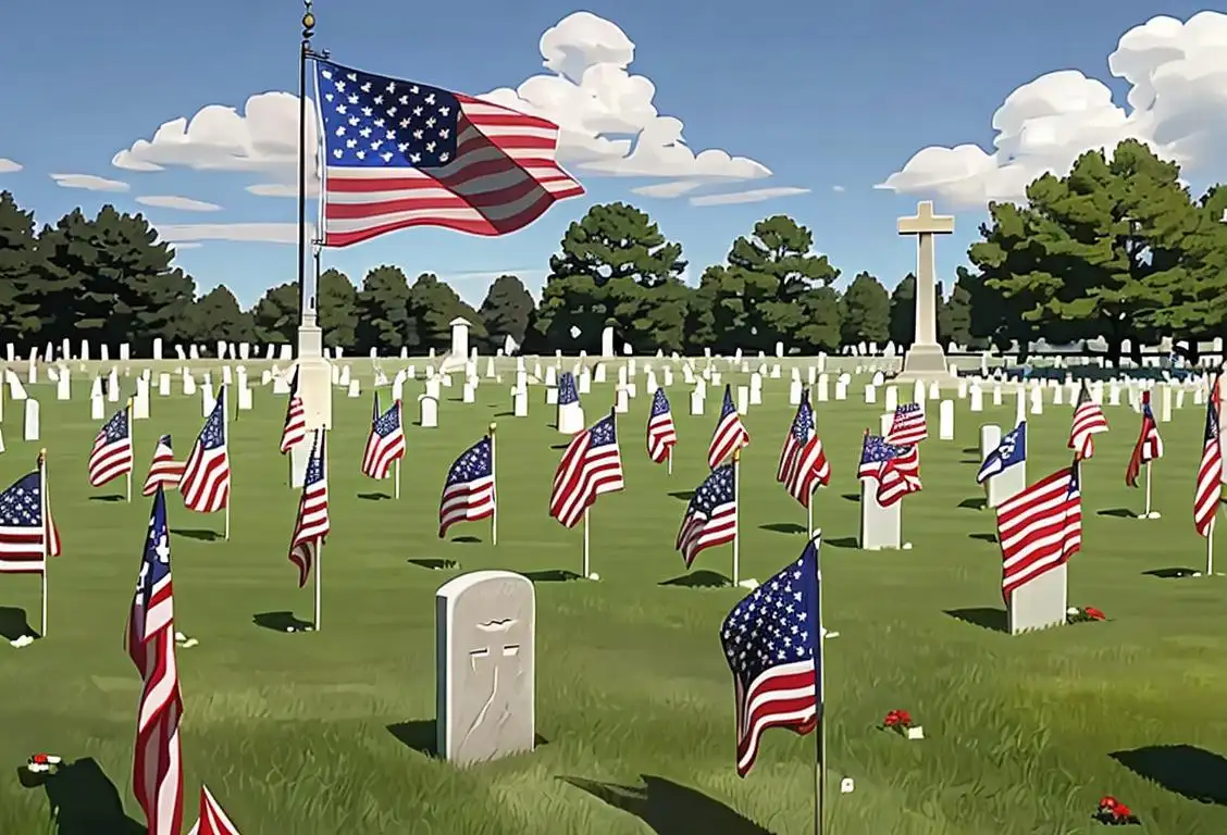 American flags being placed with care by people dressed in patriotic attire at a serene national cemetery on Memorial Day..