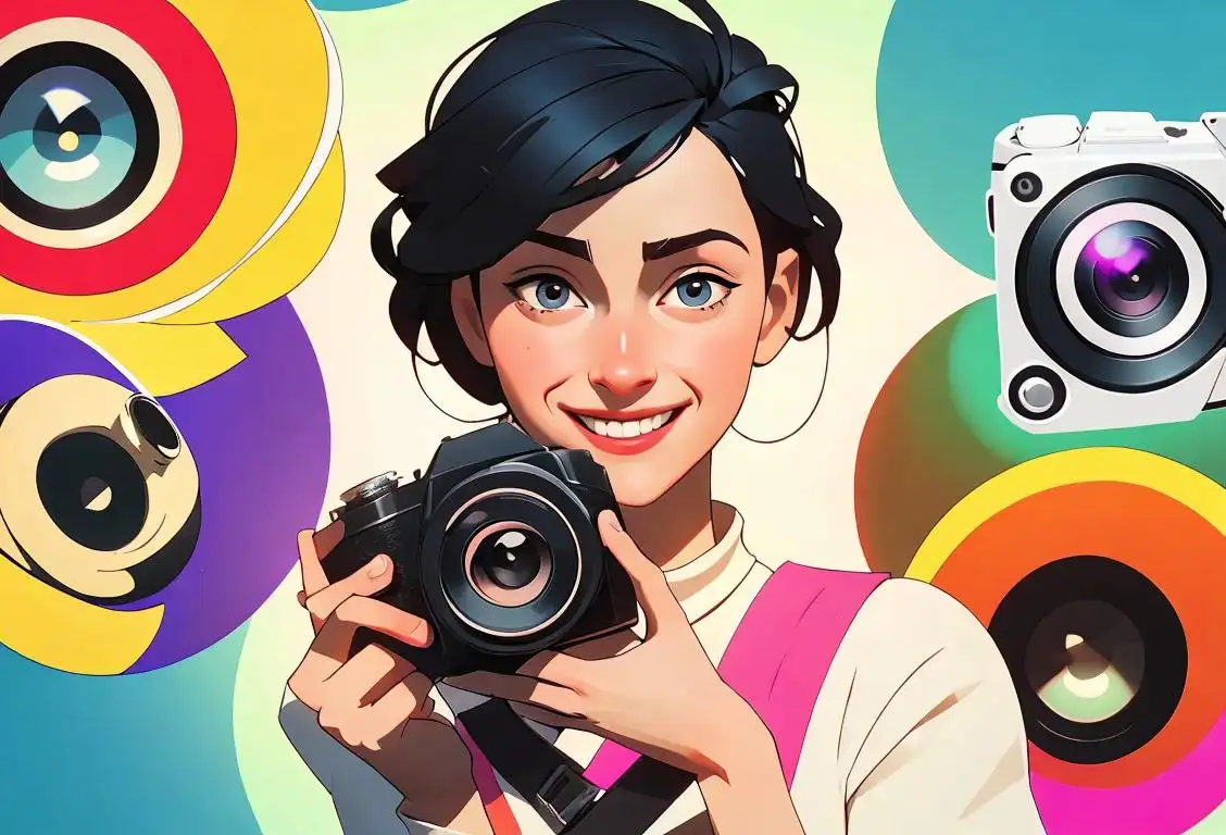Smiling person holding a smartphone, surrounded by a vibrant collage of filter effects and camera icons..