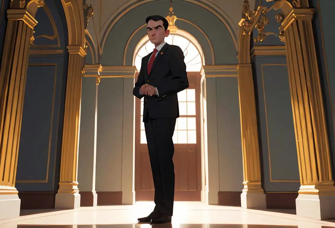 Young national leader with a determined expression, wearing a suit, standing in a historic government building..