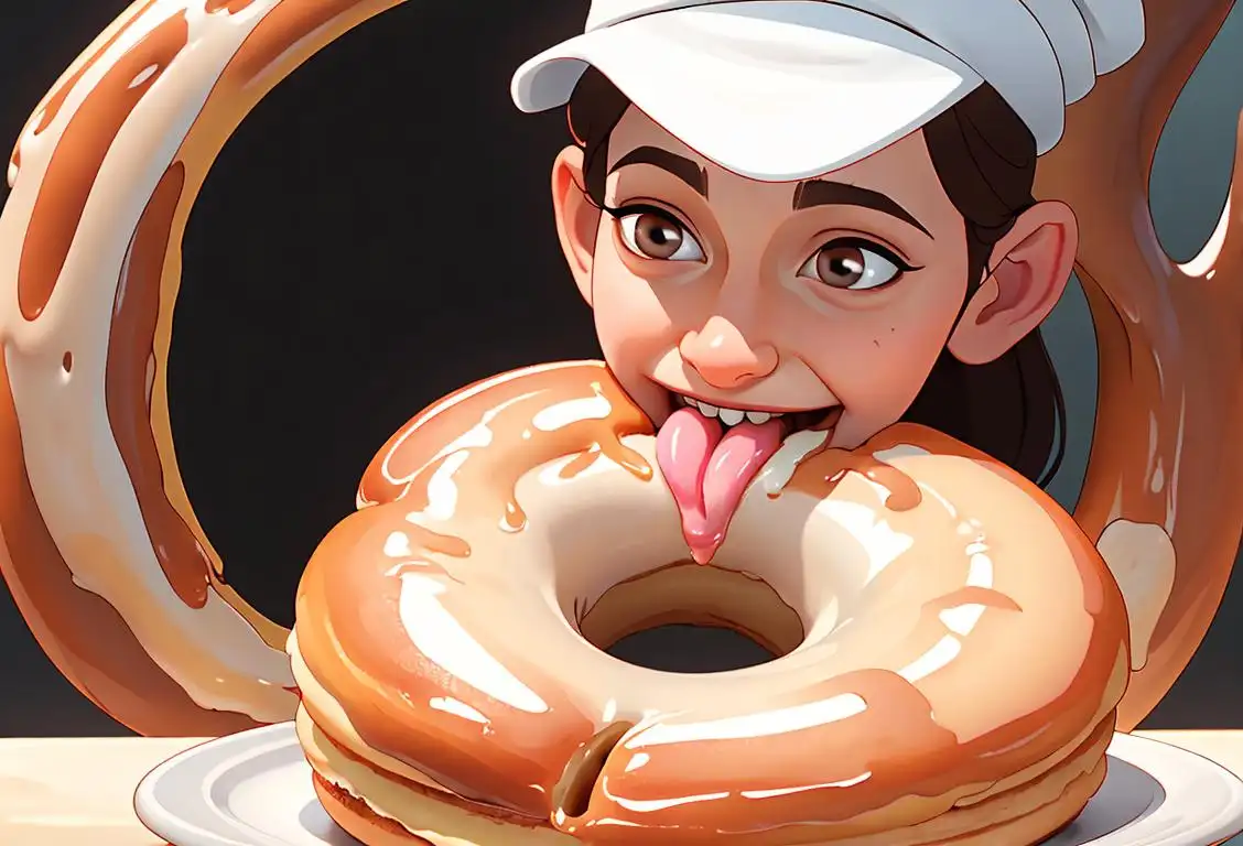 A happy person biting into a glazed donut, wearing a chef's hat, surrounded by a whimsical bakery scene..