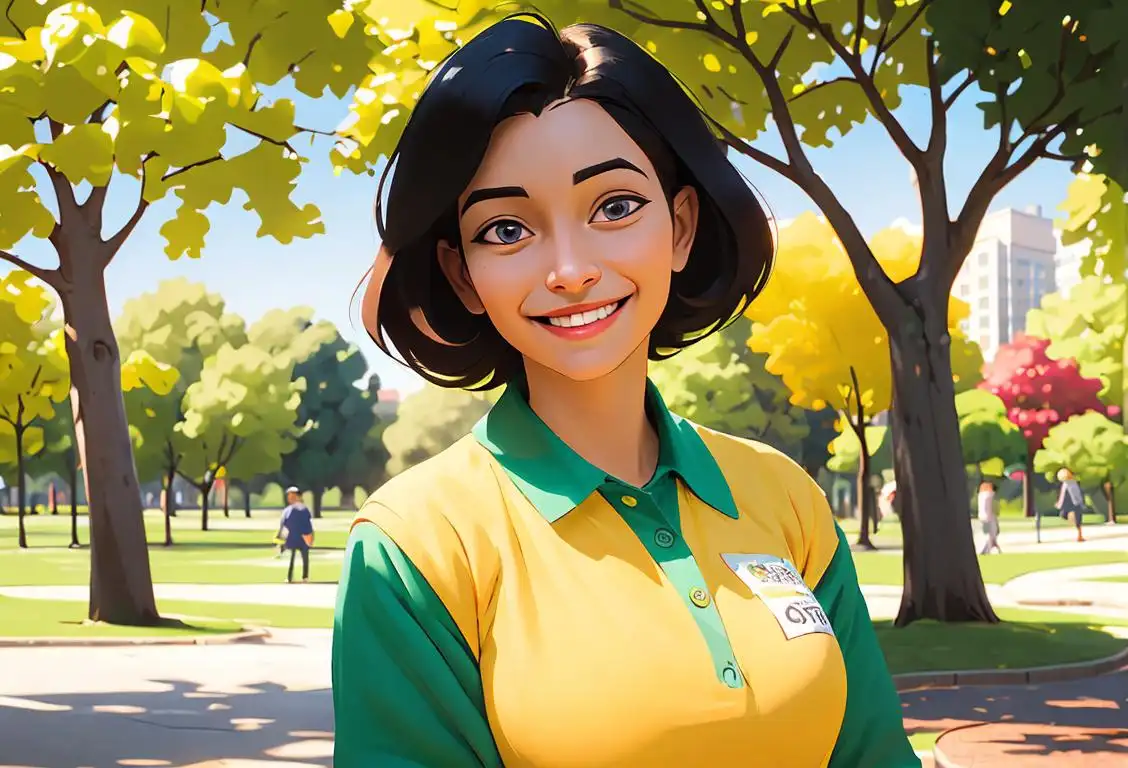 A smiling volunteer coordinator, wearing a professional attire, surrounded by diverse group of volunteers in a community park..