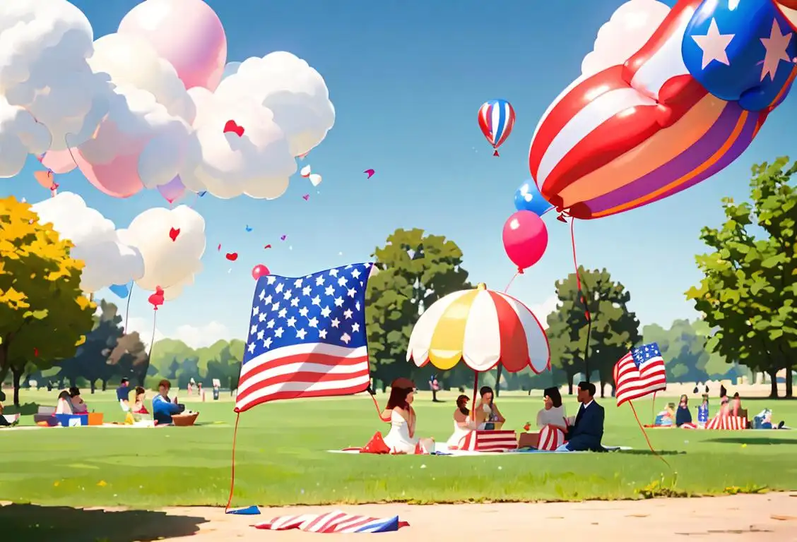 Group of diverse people, dressed in patriotic colors, having a picnic in a park, with balloons and American flags in the background..