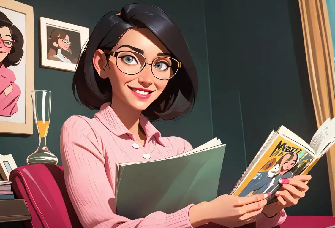 Smiling woman enjoying a magazine, stylish glasses, vibrant fashion, cozy reading nook..