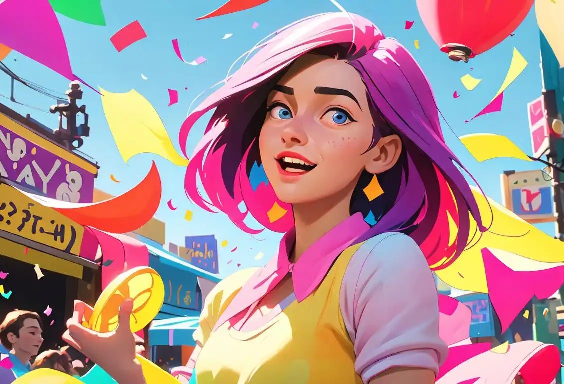 Happy young woman in colorful clothing, surrounded by flying confetti and unexpected objects in a vibrant, bustling city scene..