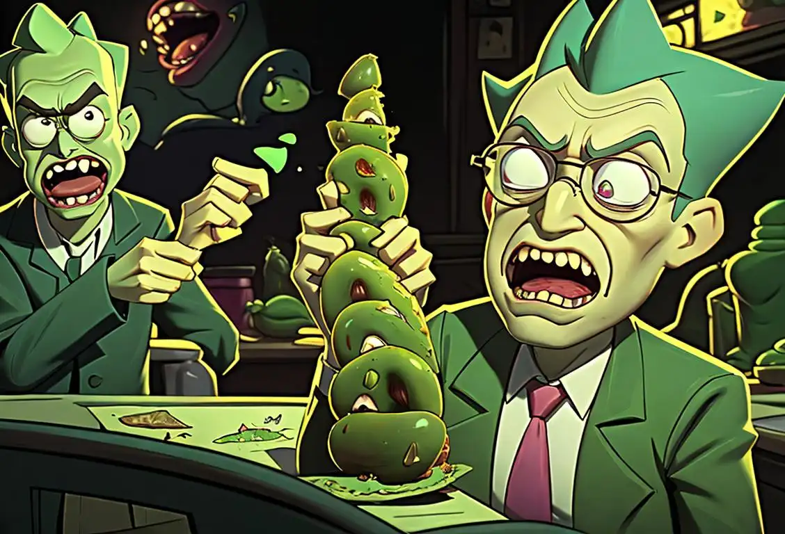 A quirky pickle with glasses and a lab coat, enjoying a pickle-themed rollercoaster, surrounded by excited Rick and Morty fans..