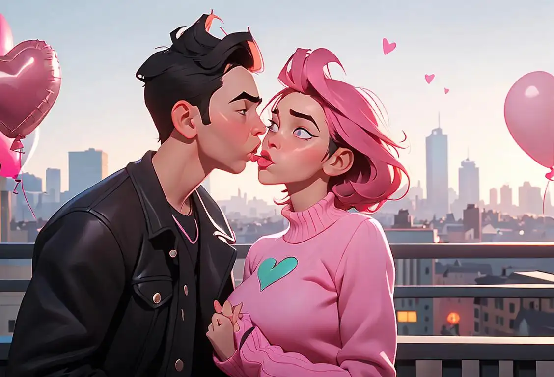 Young couple playfully blowing kisses on each other's cheeks, wearing trendy outfits, urban cityscape, with a background of heart-shaped balloons..
