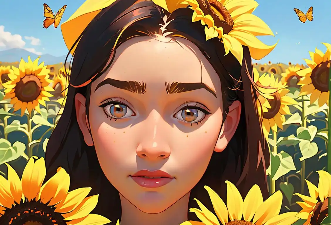 Young woman named Makayla, wearing a flower crown, in a vibrant summer field surrounded by butterflies and sunflowers..