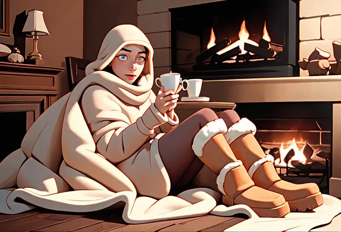 A cozy scene of a person wearing ugg boots, wrapped in a blanket, sipping hot cocoa by a roaring fireplace..