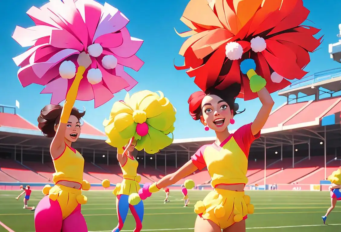 Cheerful group of people holding colorful pom-poms, dressed in vibrant attire, in a spirited sports stadium setting..