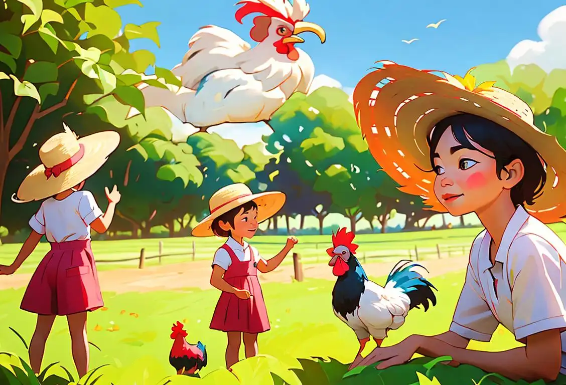 Cheerful children admiring a rooster in a sunny farm setting, wearing colorful summer outfits with straw hats and surrounding greenery..