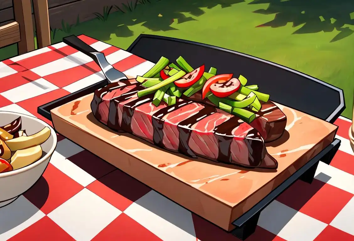Juicy steak sizzling on a grill, surrounded by BBQ tongs and a checkered tablecloth for a classic outdoor dining experience..