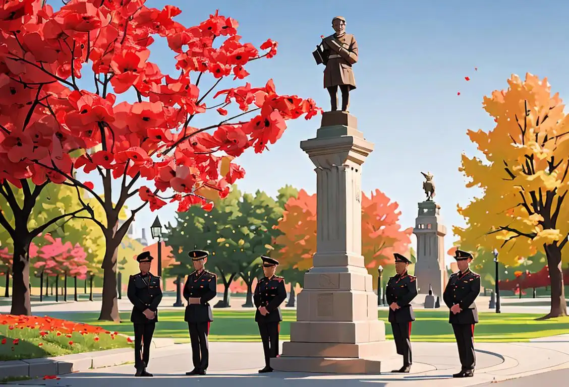 A group of diverse individuals standing solemnly around the National War Memorial, wearing poppy pins and Canadian flag clothing, with a peaceful park setting in the background..