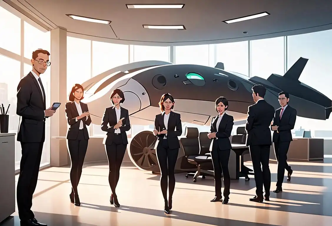 A group of confident managers dressed in professional attire, standing in a futuristic office space with sleek technology and bright natural light..