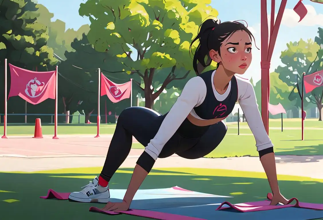 Young woman doing a workout, wearing gym clothes, outdoors in a park, surrounded by motivational banners and fitness equipment..