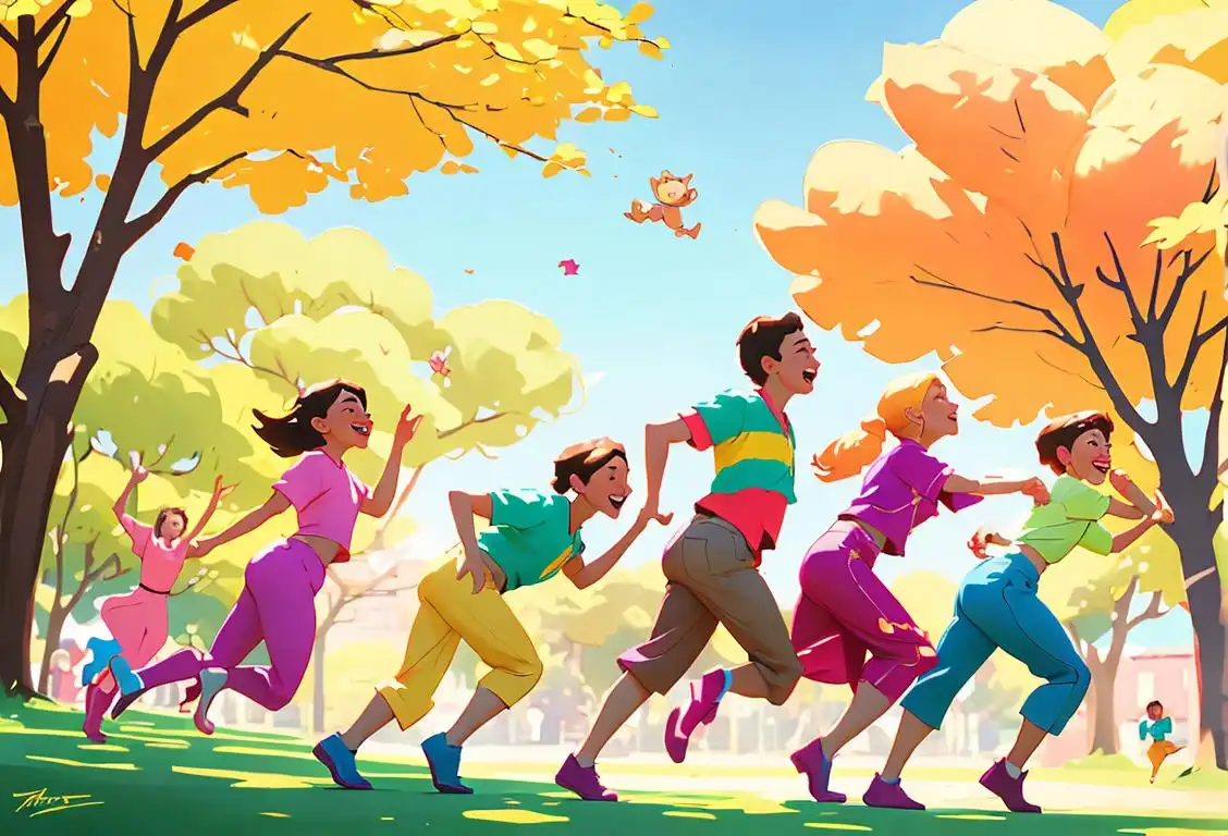 A group of friends playfully chasing each other with big smiles, wearing colorful clothes, in a sunny park setting..