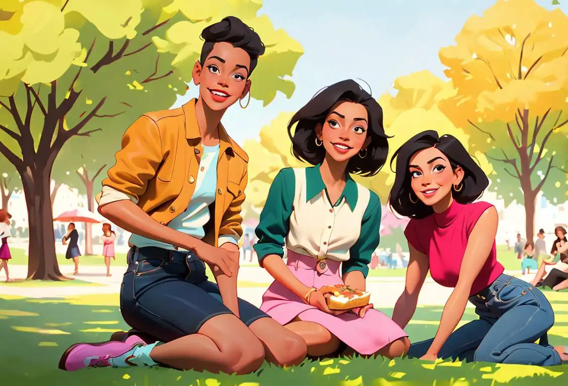 A group of diverse young adults smiling and having a picnic in a park, wearing trendy outfits with a mix of vintage and modern fashion styles..