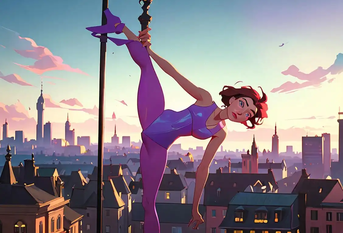 A mesmerizing pole dancer in a colorful costume, gracefully defying gravity with an enchanting city skyline backdrop..