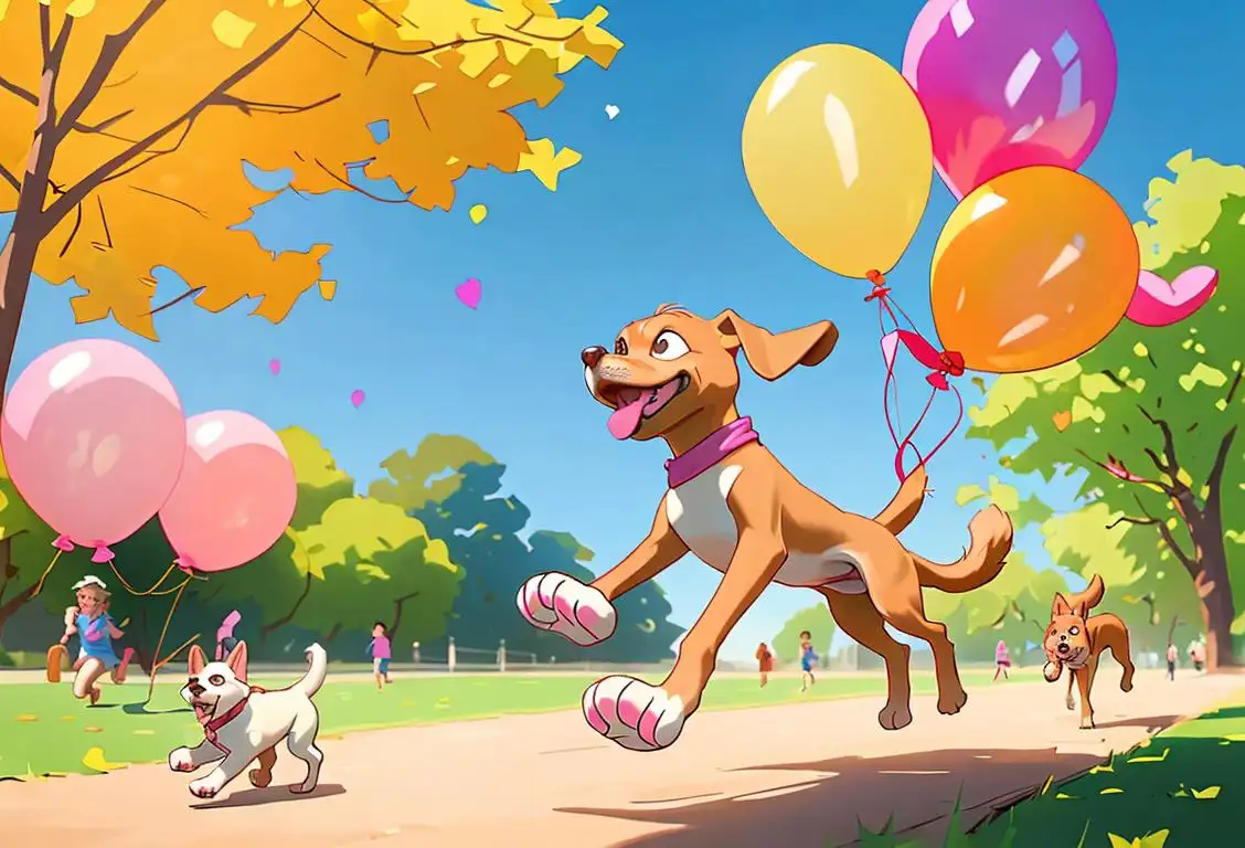 Happy dog running through a park, wearing a colorful bandana, surrounded by children in playful outfits, sunny day with picnic blankets and balloons..