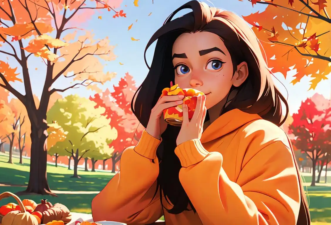 Young girl happily wearing a cozy sweatshirt, surrounded by colorful autumn leaves, picnic setting..