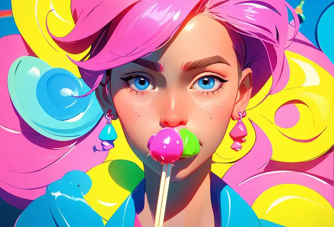 Close-up image of a person enjoying a Blow Pop, wearing a colorful outfit, surrounded by vibrant carnival scenery..