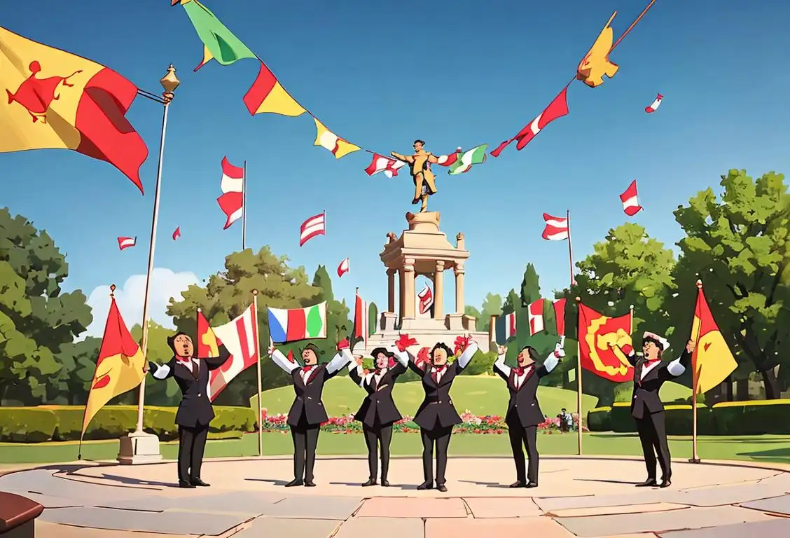 A group of diverse individuals singing joyfully, with musical notes swirling around them, in a park setting with flags waving in the background..