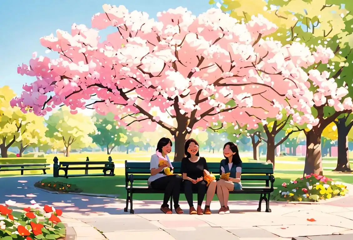Group of friends with big smiles, wearing matching friendship bracelets, sitting on a sunny park bench, surrounded by beautiful blooming flowers..