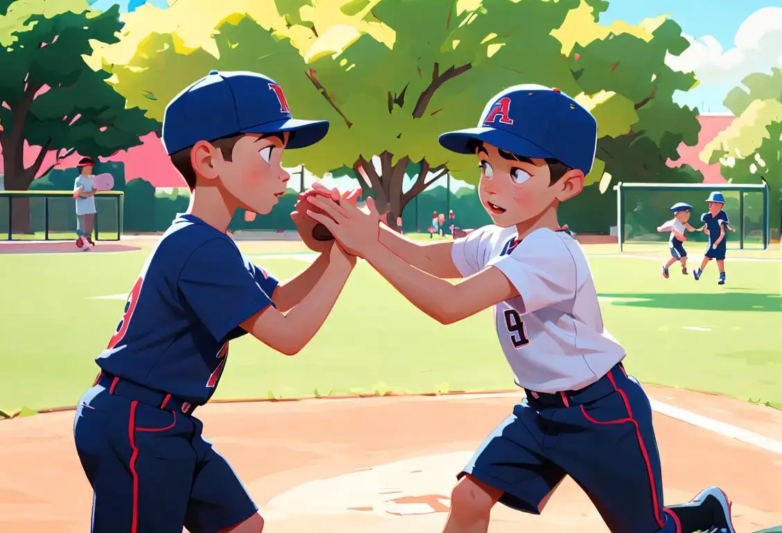 Young boys playing in a park, wearing baseball caps, colorful t-shirts, vibrant outdoor setting.