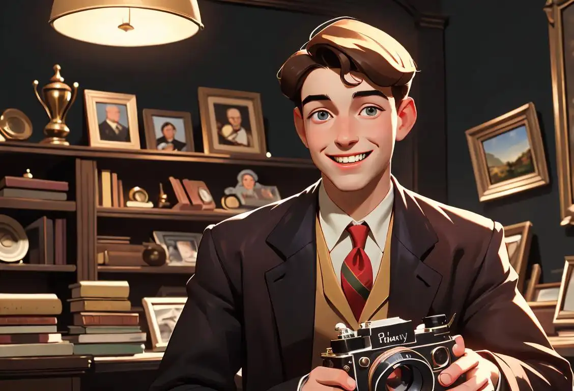 Young man named Henry, smiling and holding a vintage camera, wearing a classic blazer, antique bookstore setting..