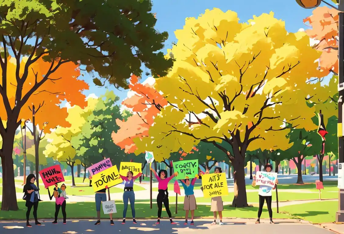A diverse group of people holding up signs with positive messages, wearing colorful clothing, urban park setting with trees and sunshine..